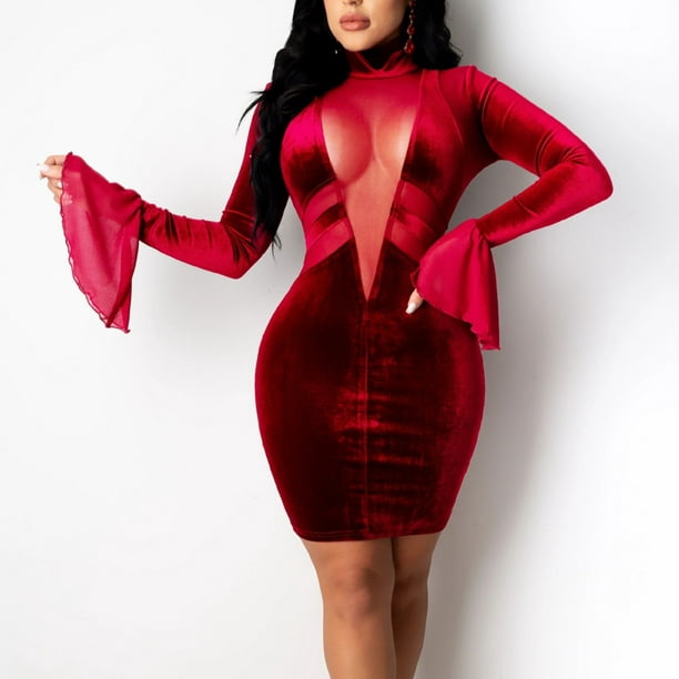 Women's Plus Size Bodycon Dress - Elegant Trumpet Long Sleeve Mesh Solid  Sexy Evening Party Maxi Long Dress