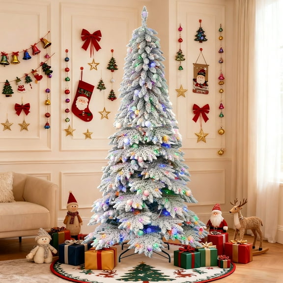 6FT Pre-lit Christmas Tree, Artificial Snow Flocked Full Prelighted Tree with 300 LED Lights and 587 PVC Branches Tips, Foldadble Metal Tree Stand, Spruce Christmas Tree for Home, Office，Holiday