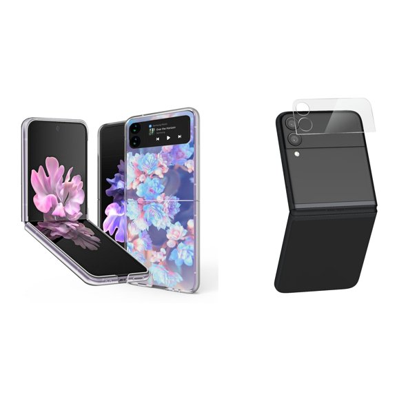 Bemz Premium Bundle for Samsung Galaxy Z Flip 3 5G: Slim Snap-On Protector Case (Purple Wild Flowers), Rear Camera Glass Protector