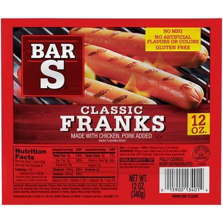Bar S Classic Fully Cooked  Franks, 8 Count, 12oz (Refrigerated)