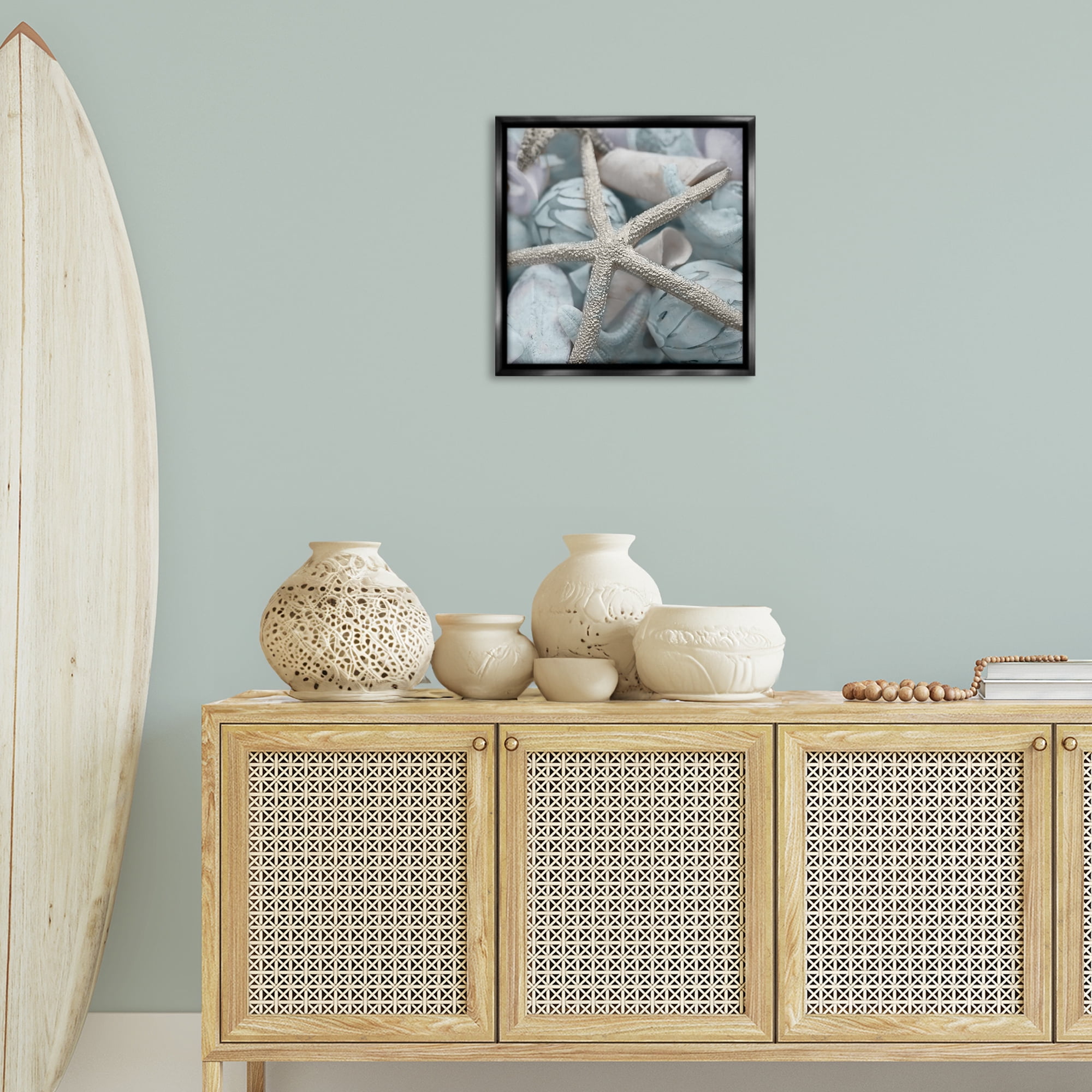 Stupell Industries Starfish & Various Shells Nautical & Beach Photography Black Floater Framed Canvas Art Print Wall Art, 18 x 18