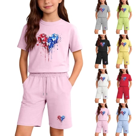 Auroural Summer Independence Day Print Heart Shaped Printing Set for Boys and Girls Casual and Fashionable Shorts Two-Piece Set 4Th Of July Outfits for Toddler Girls 4T