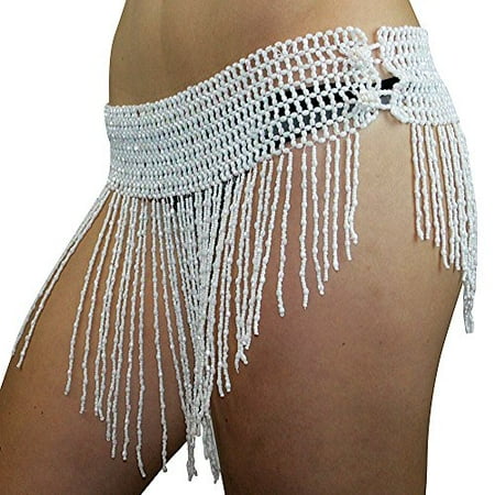 - Beaded Elastic Waist Rave Belly Dance Skirt Hip Scarf Halloween Costume One Size Belt Belly Dancer Costume Waist Chain White