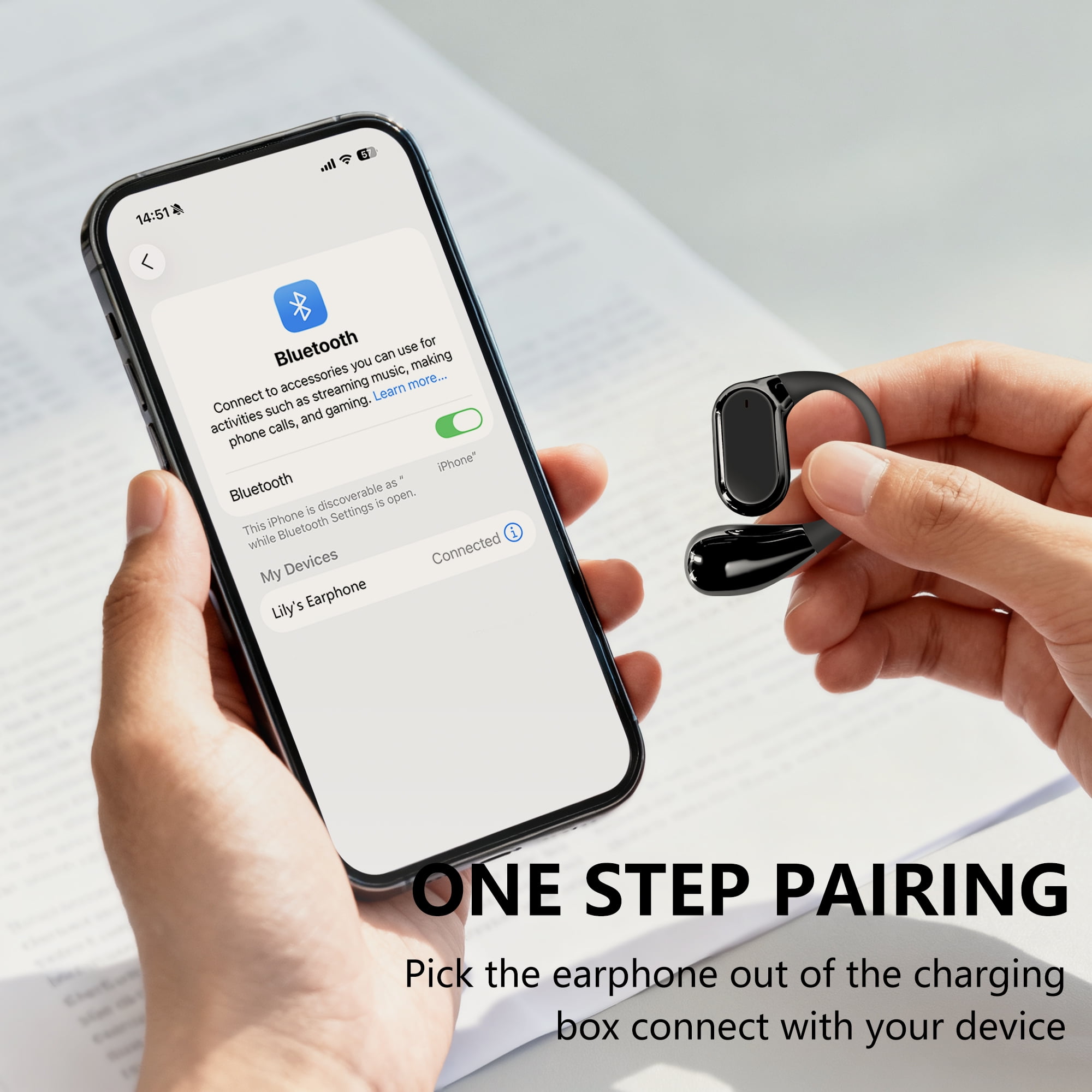 True Wireless Stereo Earphone, Open Ear Touch Control Bluetooth Headphone with Earhook, Type-C Charging Earphone for Meeting/Travel/Video/Game, Black