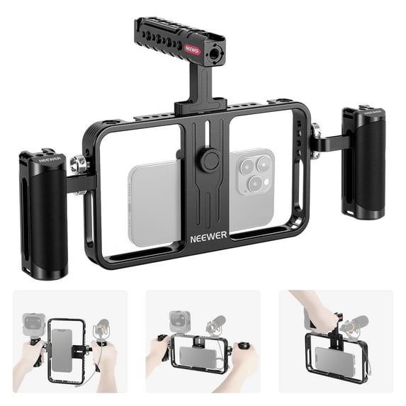 NEEWER Universal Phone Video Rig Kit Compatible with iPhone 14 Plus 14 13 12 Pro Android, Aluminum Handheld Phone Cage with Silicone Handles, Video Stabilizer Rig for Vlog Videography Live Streaming