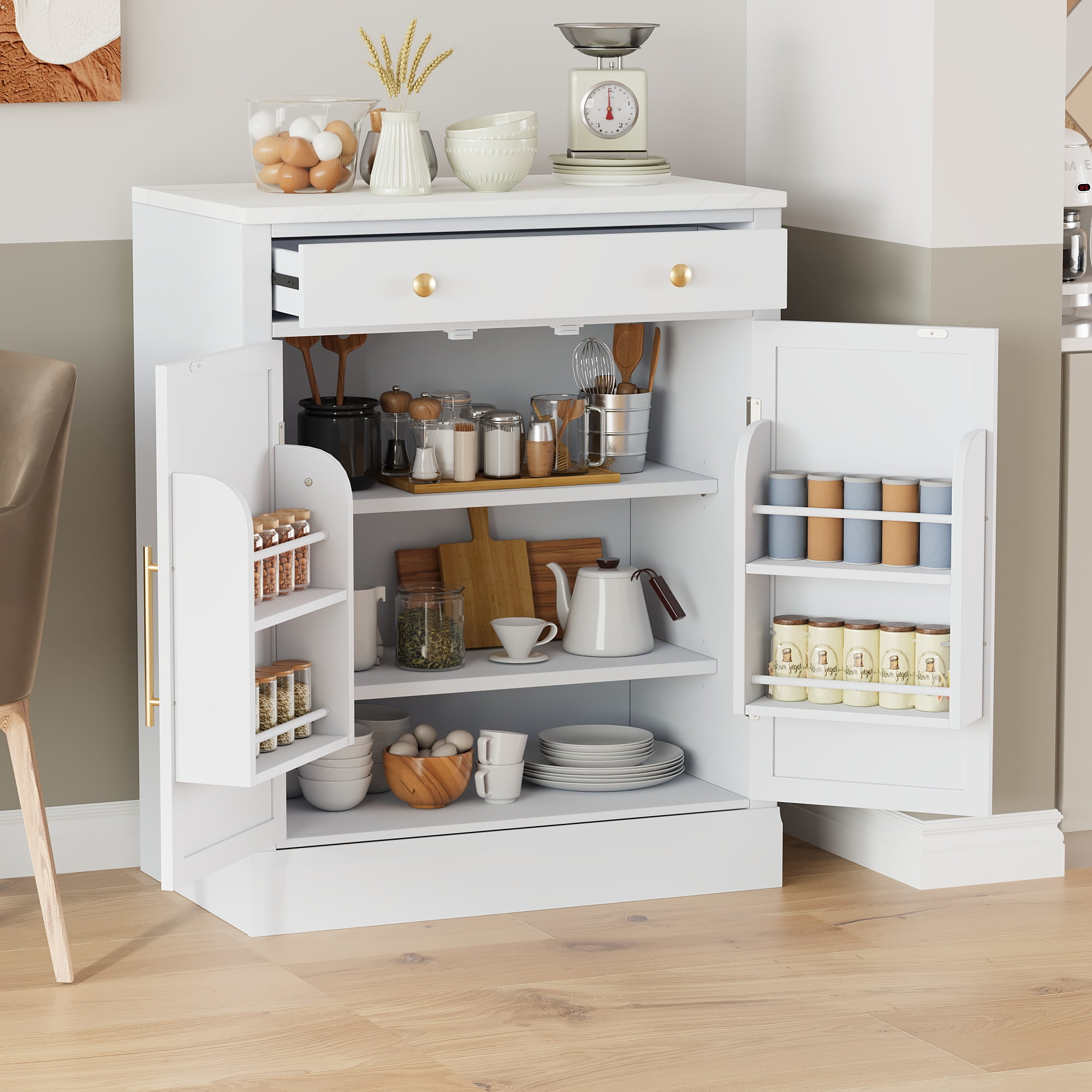 Euroco Modern Freestanding Kitchen Pantry,Buffet Food Storage, Coffee Bar Cabinet with Drawer, 2 Adjustable Shelves and 2 Door Shelves for Dining, Kitchen,White
