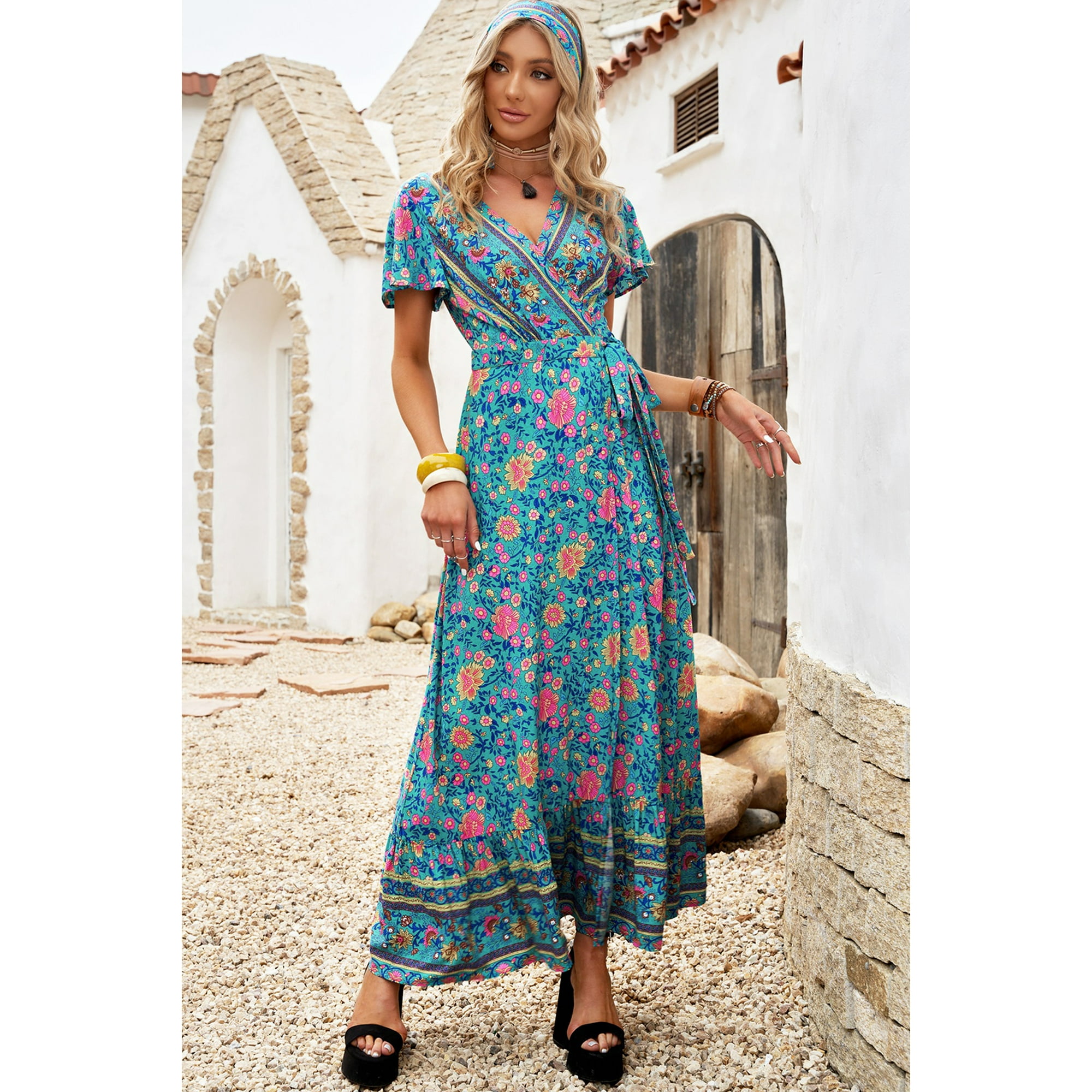 Pkqwtm Women s Green Boho Floral Print Surplice V Neck High Waist Maxi Dress