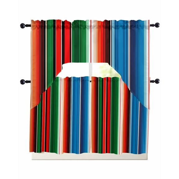 Mexican Serape Kitchen Curtains Sets 24 Inch Length with Valance, Colorful Stripes Vertical Lines Abstract Swag Valances and Tiers Curtain Set Drapes Swag Curtains for Living Room, Bathroom, Bedroom