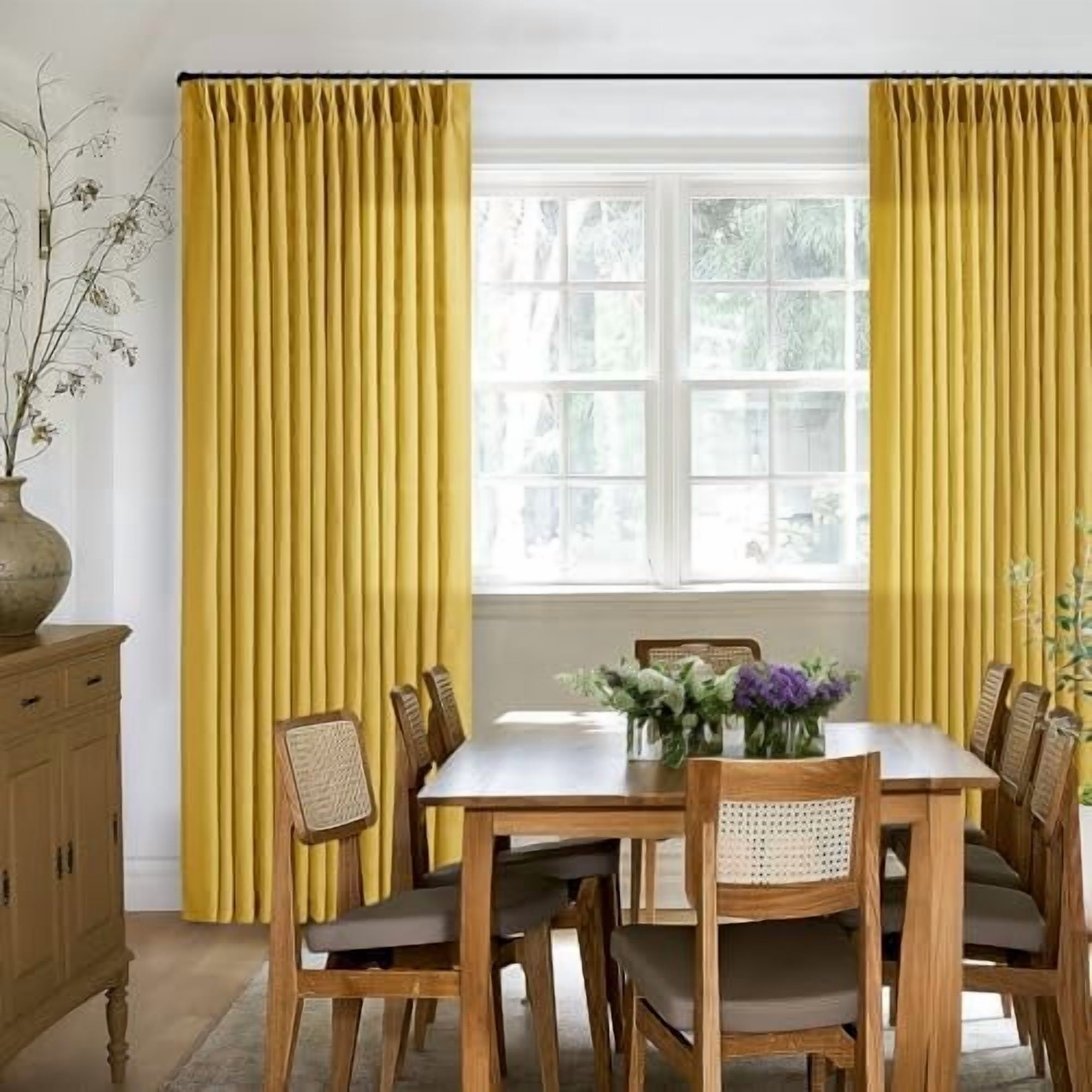 Mustard Yellow 90 Inch Linen Curtains Pinch Pleated for Living Room Bedroom Dining Boho Light Filtering Pinch Pleat Drapes Hooks Rings Back Tab Semi Sheer Gold Harvest Spring Window Curtains 2 Panels