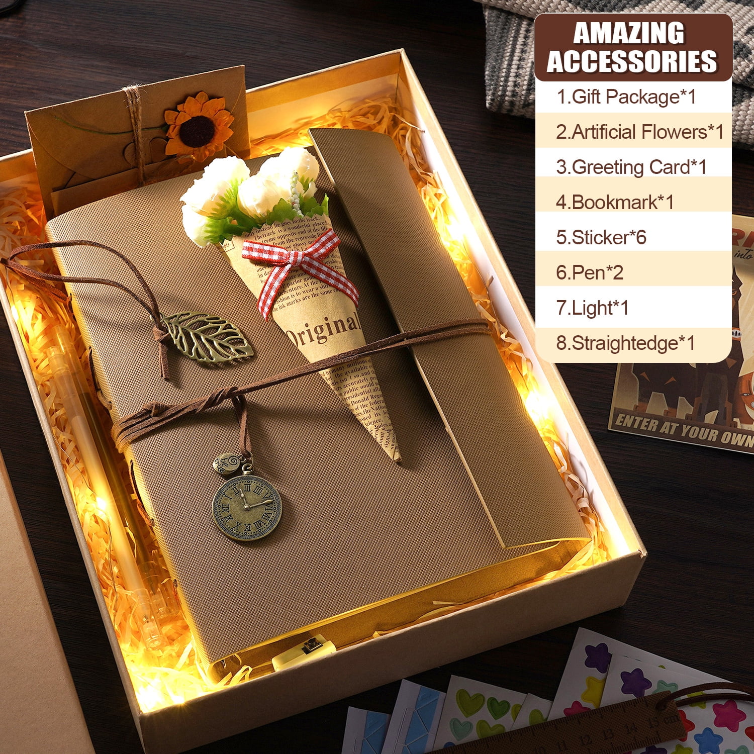 TJT 104 Pages Scrapbook Album, Self Adhesive Photo Album DIY Photo Book, Leather Memory Book for Wedding Baby Family Travel Birthday Christmas Khaki