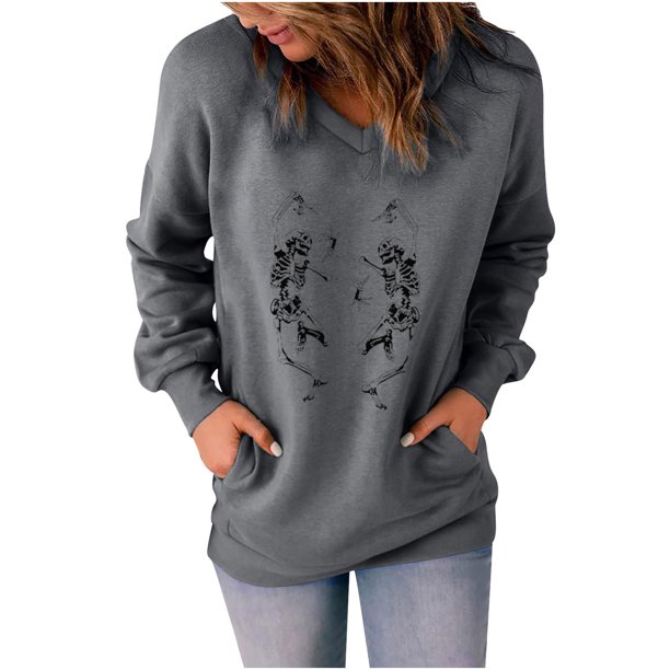 Sudadera clásica de manga larga con cuello en V y estampado de Halloween para mujer Pompotops FGAJ15113