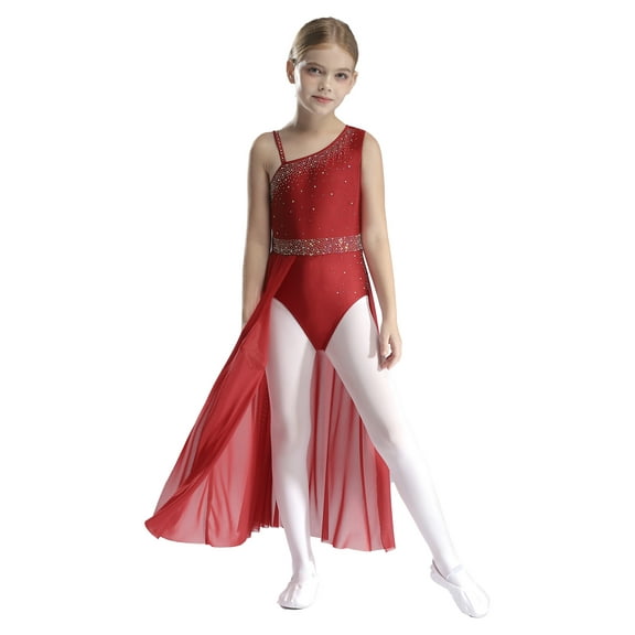 Miutii Kids Girls Sparkly Rhinestone Lyrical Dance Dress Mesh Tulle Skirt Leotard Modern Contemporary Dance Costume Burgundy 6