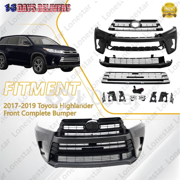Complete Front Bumper Cover Set w/ Fog Light For 2017-2019 Toyota Highlander