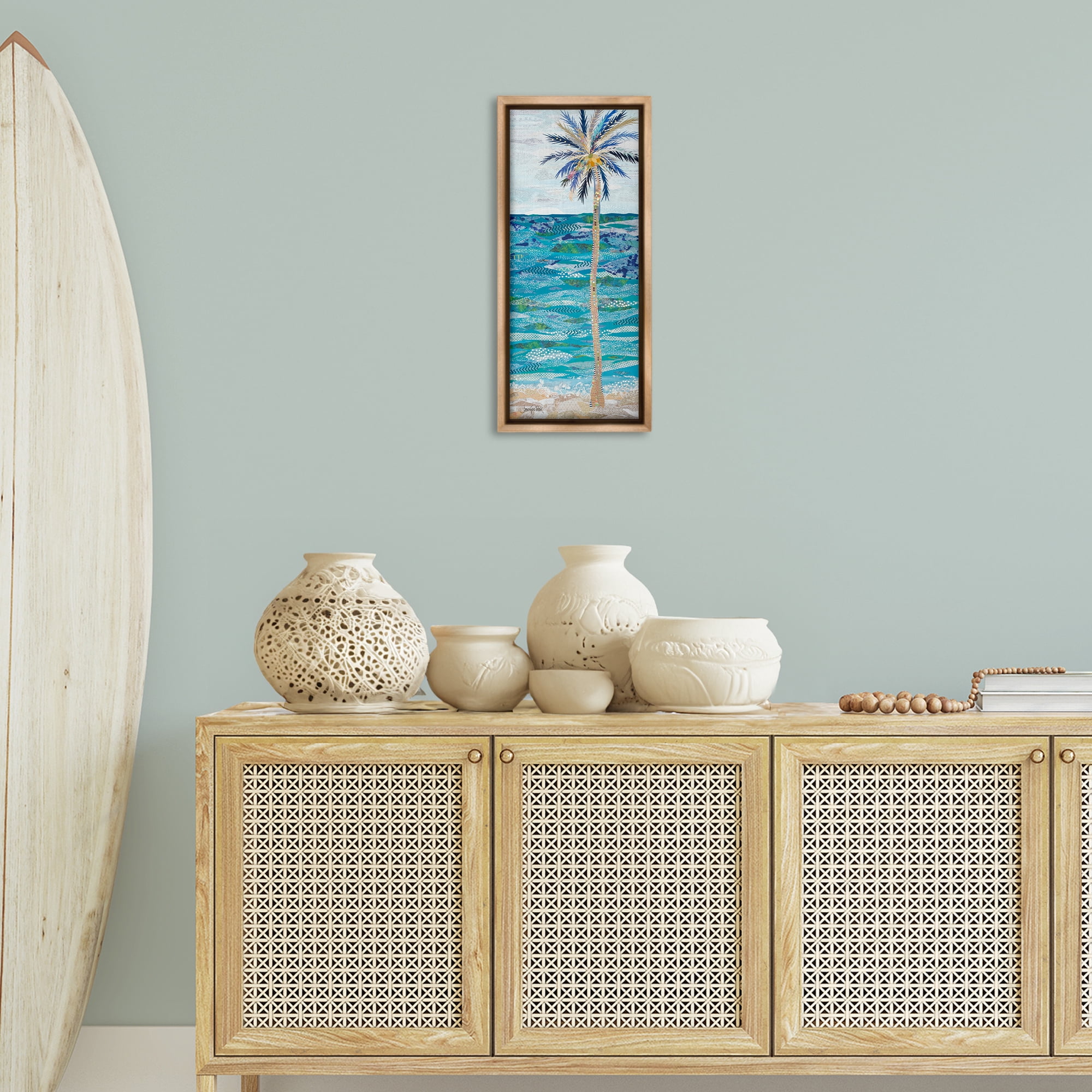 Stupell Industries Tangled in Blue Collage Coastal Painting Brown Floater Framed Canvas Art Print Wall Art, 11 x 25