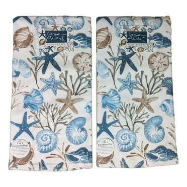 Set of 2 BLUE ESCAPE Shells & Starfish Terry Kitchen Towels by Kay Dee Designs