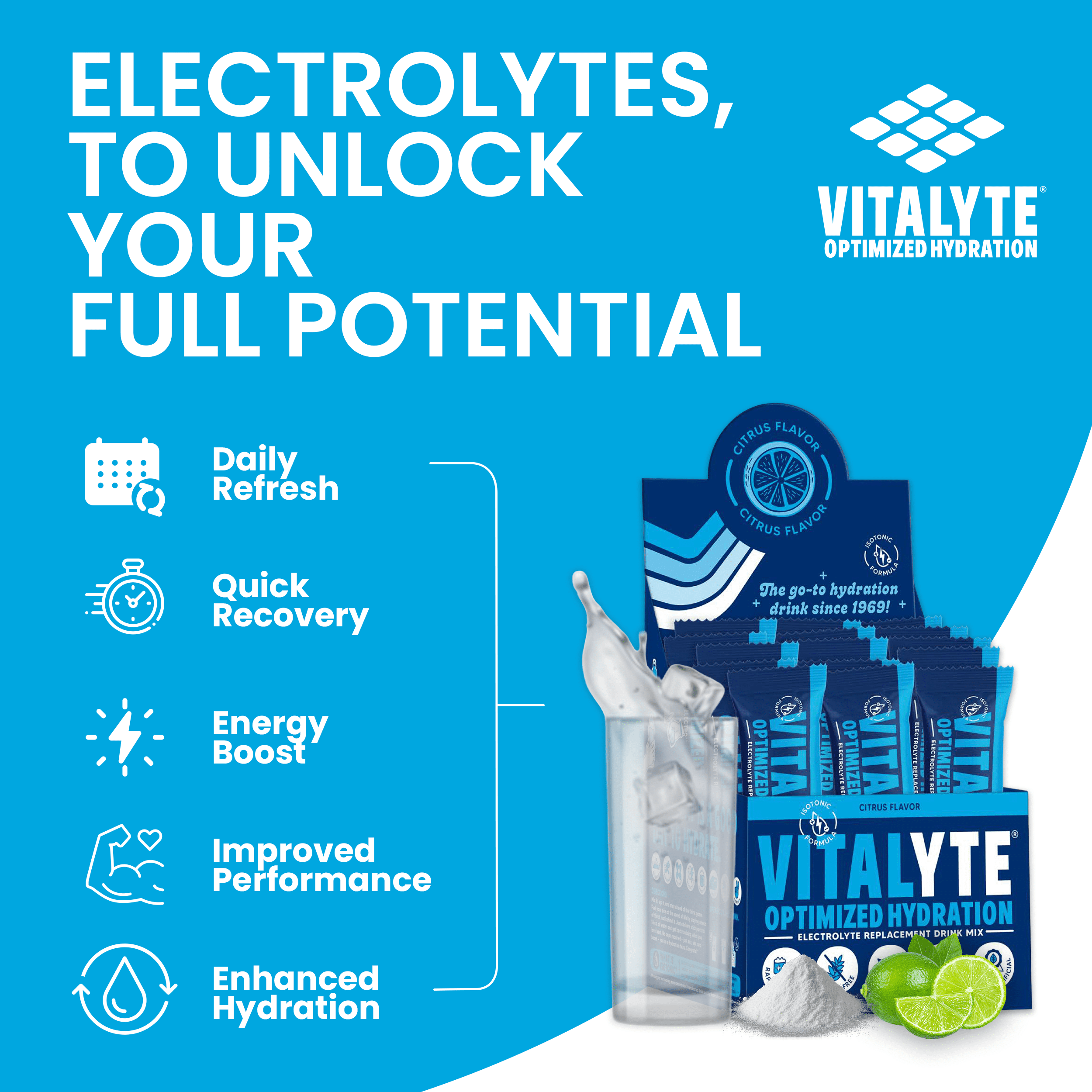 Vitalyte Cool Citrus Electrolyte Powder Packets Mix, Isotonic Hydration, 25 Single Serving Stick Packet