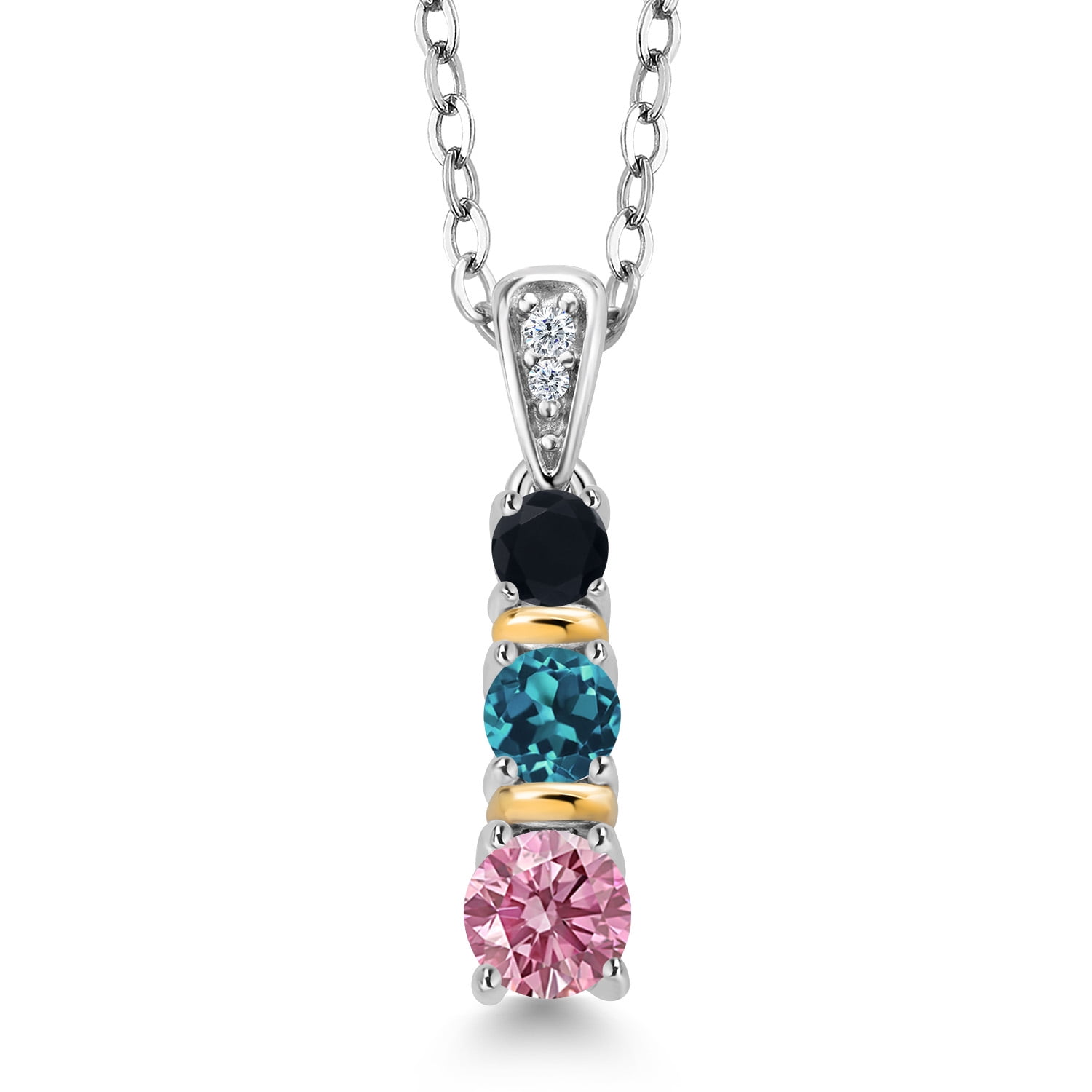 Gem Stone King 925 Silver and 10K Yellow Gold Round Pink Lab Grown Diamond London Blue Topaz and Black Onyx Pendant Necklace for Women (0.57 Cttw, Gemstone April Birthstone, with 18 inch Chain)