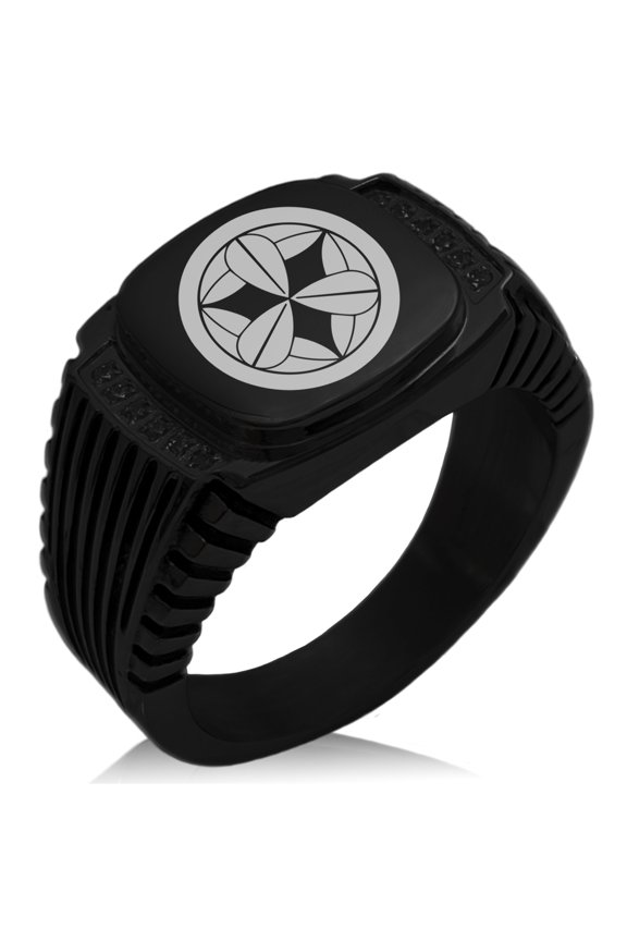 Stainless Steel Takenaka Samurai Crest CZ Ribbed Needle Stripe Pattern Biker Style Polished Ring
