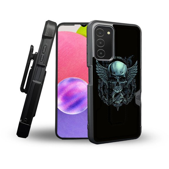 ANJ  Rugged Shockproof Holster Case Card Slot Kickstand   Tempered Glass Cover for Samsung Galaxy A03s - Chained Skull