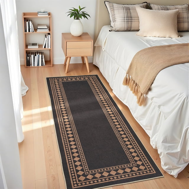 Garvee 2'x6' Modern Bordered Rug Solid Runner Rug, Geometric Washable Rugs Stain Resistant Low Pile Rug Non Slip Indoor Outdoor Carpet for Hallway Bedroom Home Office, Black and Coffee