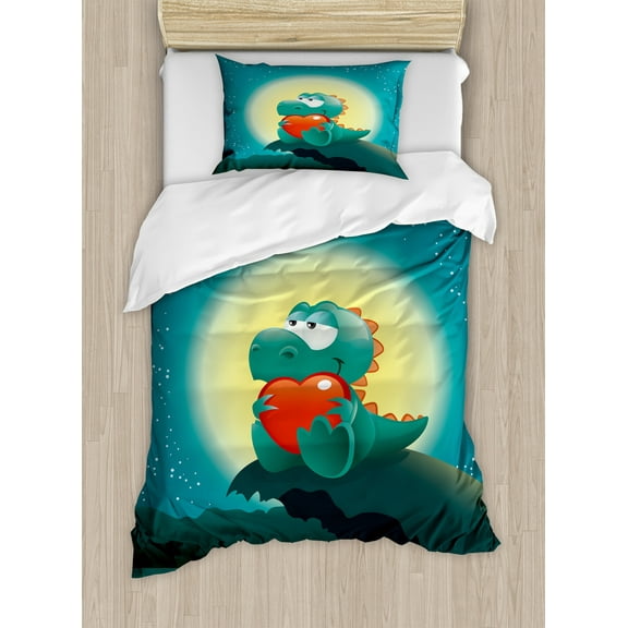Dinosaur Duvet Cover Set, Valentine Night Scenery Animal in Love Full Moon Jurassic Times Design, Decorative 2 Piece Bedding Set with 1 Pillow Shams, Twin Size, Orange Teal, by Ambesonne
