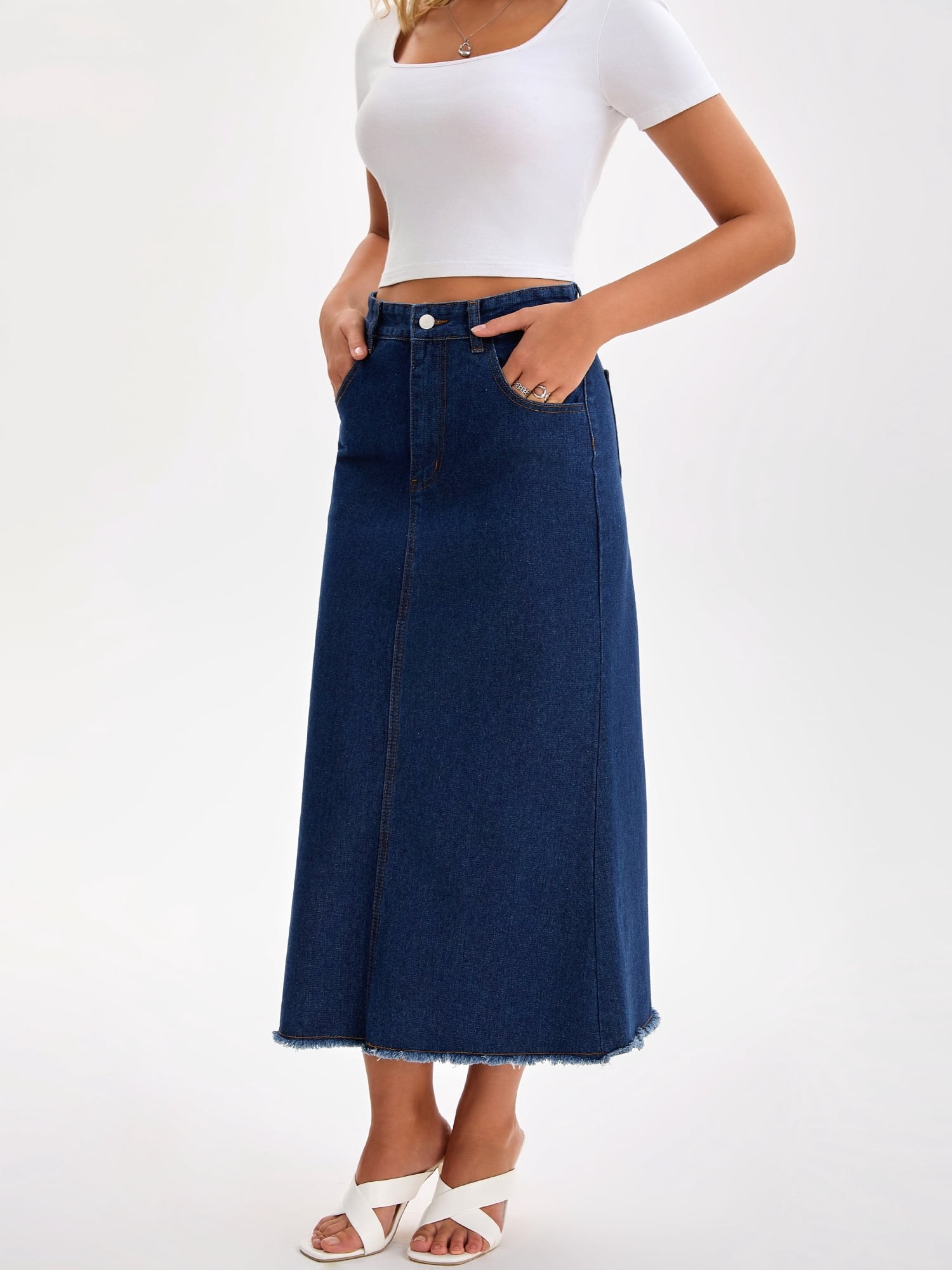 DARING DIVA Women's Denim Maxi A Line Raw Hem Jean Skirt X-Large Deep Blue