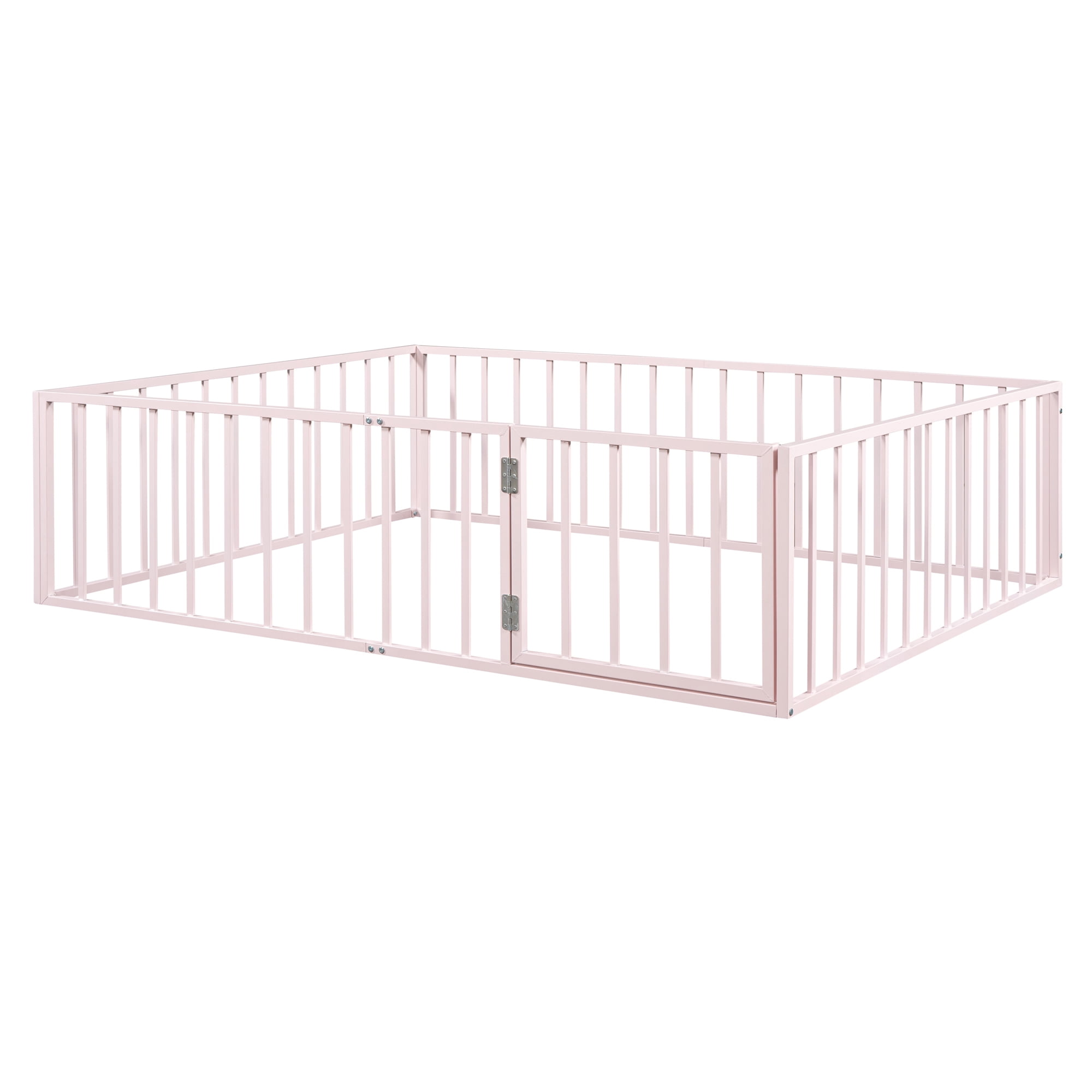 Queen Size Floor Bed with Fence and Door, Low Profile Metal Montessori Bed Frame with Slats Supports,Easy Assembly, No Box Spring Needed,Pink