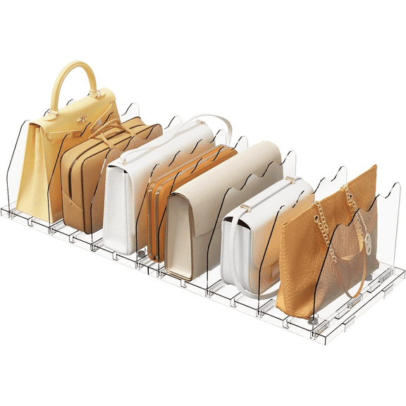 LLMRR Bag & Purse Organizer for Closet, Adjust able Shelf Divider for Closet, Acrylic Handbag Separators Storage Organizer, Bookshelf Separator Divider for Bedroom, Living Room, Office, Clear