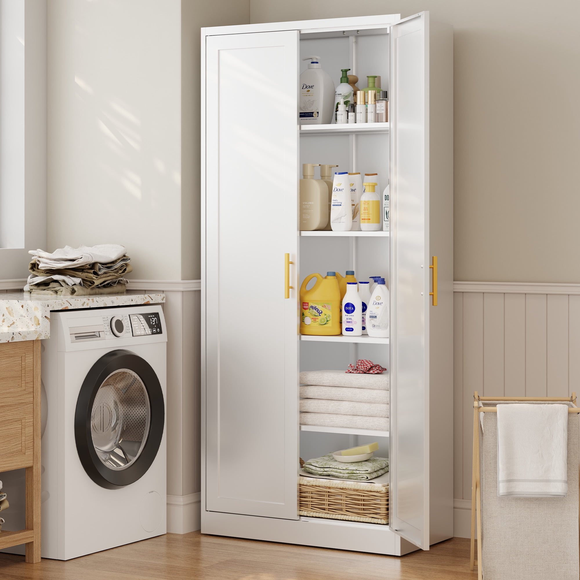 71" Tall Kitchen Pantry Cabinet, Metal Kitchen Pantry Storage Cabinet with Drawer and 2 Adjustable Shelves , Freestanding Pantry Cupboard for Living, Dining Room, White