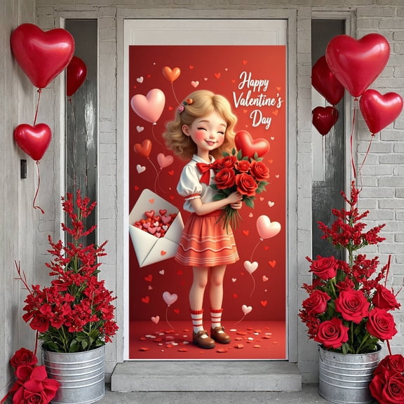 Red Theme Valentine's Day Banner Heart-shaped Love Display Rose Bouquet Heart Balloons Romantic Background for Valentine's Day Party Romantic Date Anniversary Celebration