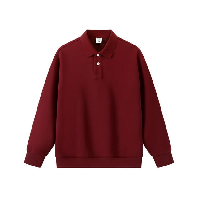 Autumn/Winter Heavyweight Piqué Cotton Polo Neck Sweatshirt, Loose Fit, Solid Color, Couple Style, Turn-Down Collar, Long Sleeve