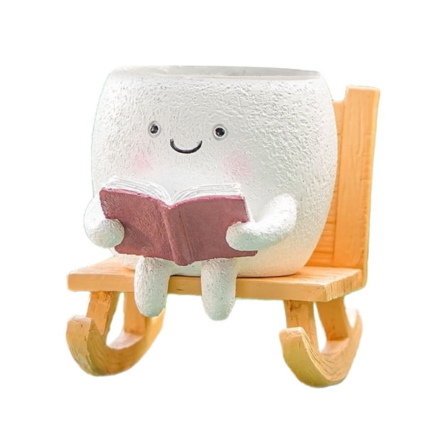 Maceta mecedora con cara sonriente, maceta de mesa para suculentas, maceta de resina con cabeza de dibujos animados para plantas de interior y exterior.