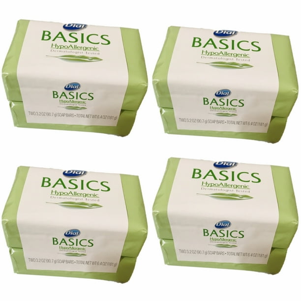 Dial Basics HypoAllergenic Soap, (4 Count) 8 Bars Total 3.2 oz Each