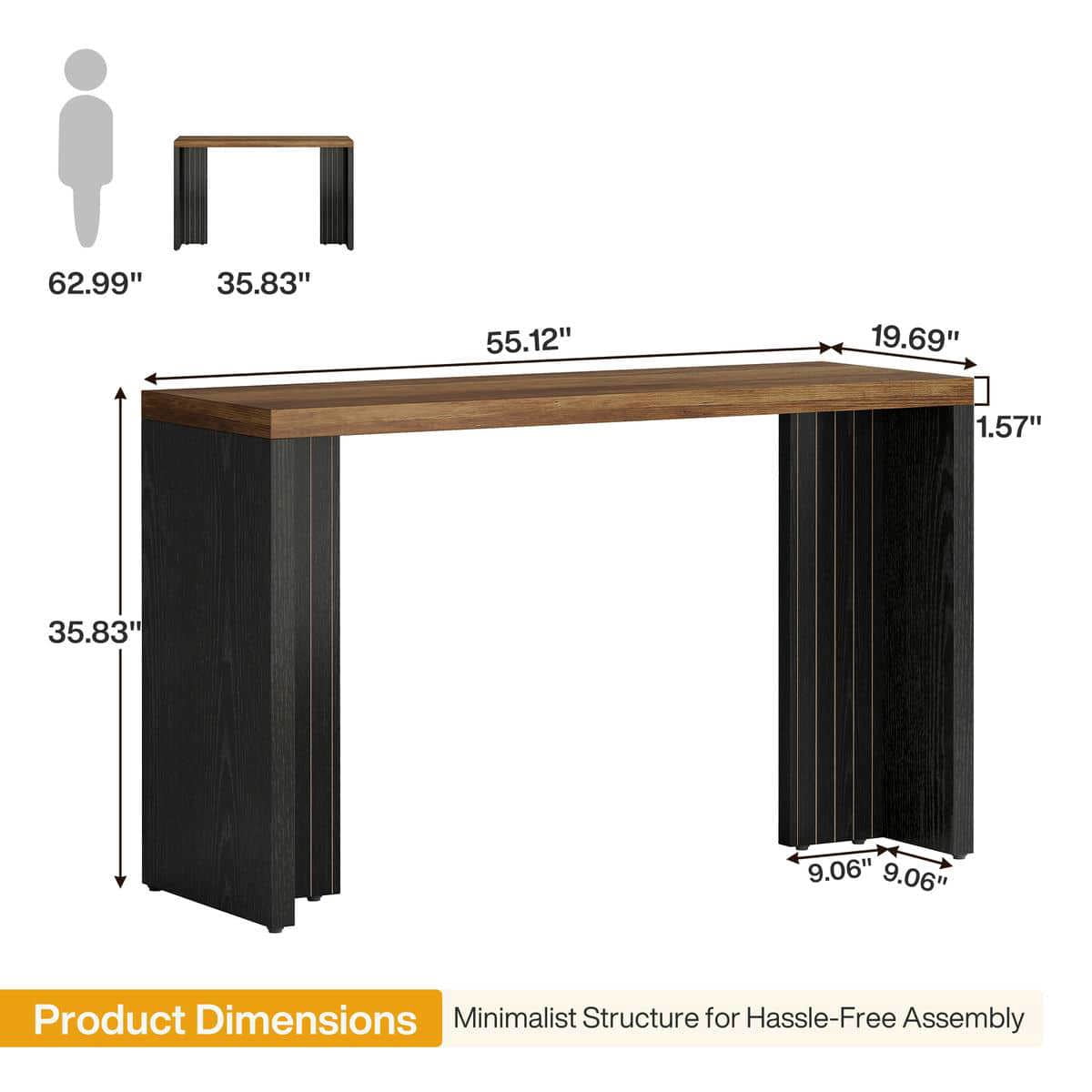 Yardi Yarda Modern Bar Table with Wood Top & Dark Slatted Legs, Functional Bar Table with Durable Engineered Wood for Indoor, Brown