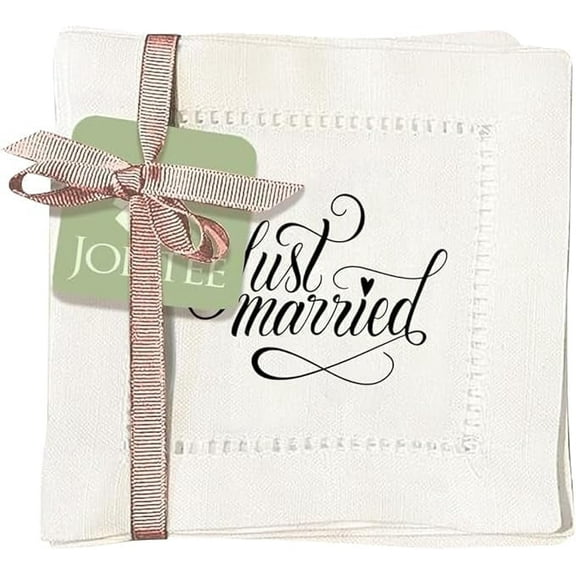 Jolitee Decorative Hemstitch Cocktail Napkins, 6"x6" Washable Linen-Like Cloth Napkins, Handmade for Entertaining and Everyday Use (Just Married)