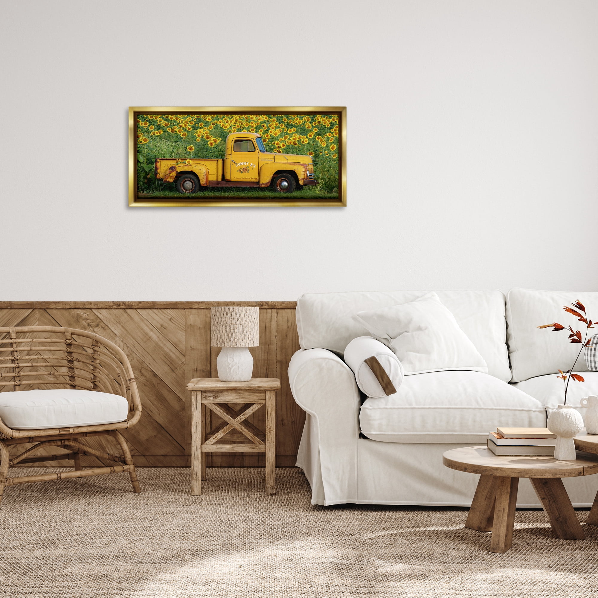 Stupell Industries Yellow Pickup in Sunflower Field Transportation Photography Gold Floater Framed Canvas Art Print Wall Art, 31 x 14