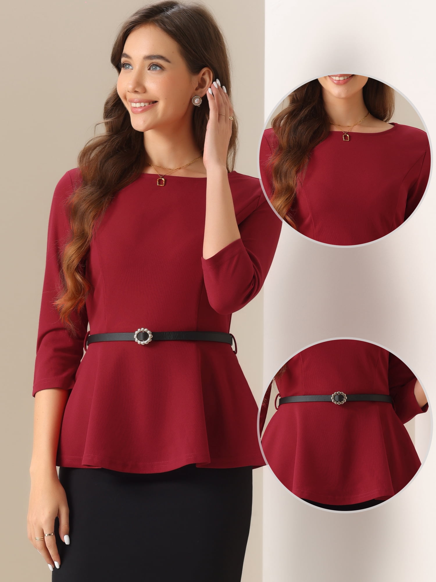 DARING DIVA 3/4 Sleeve Elegant Work Peplum Top XS Black S Red