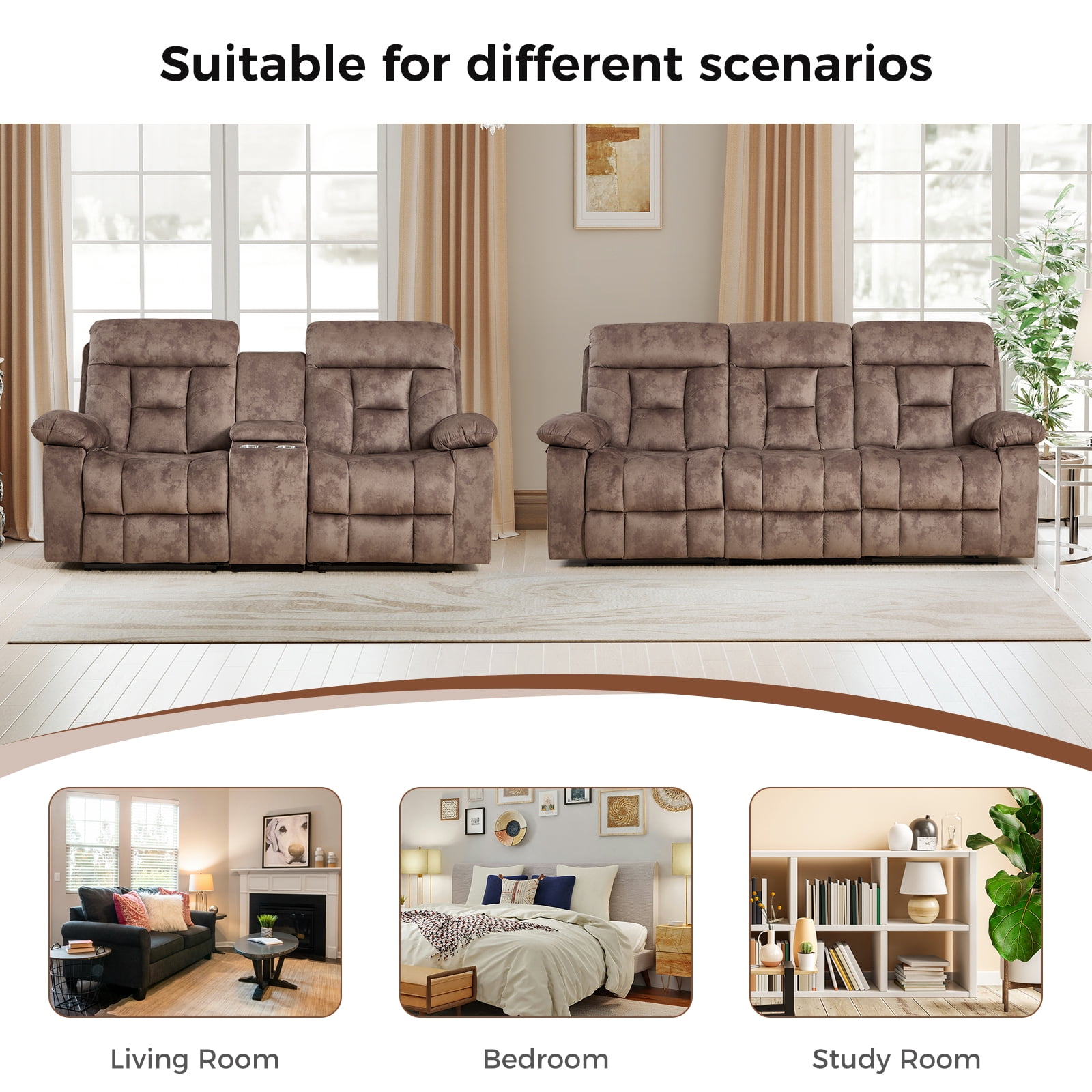 Bonzy Home 2-Piece Recliner Sofa Set — Reclining Loveseat & Extra-Wide 3-Seat Bonded Fabric Sofa, Camel