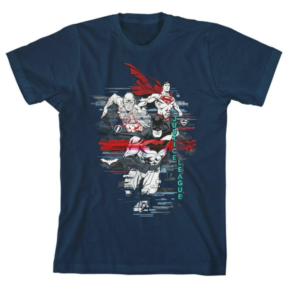 Justice League Charging Superheroes Youth Navy Blue T-shirt-Medium