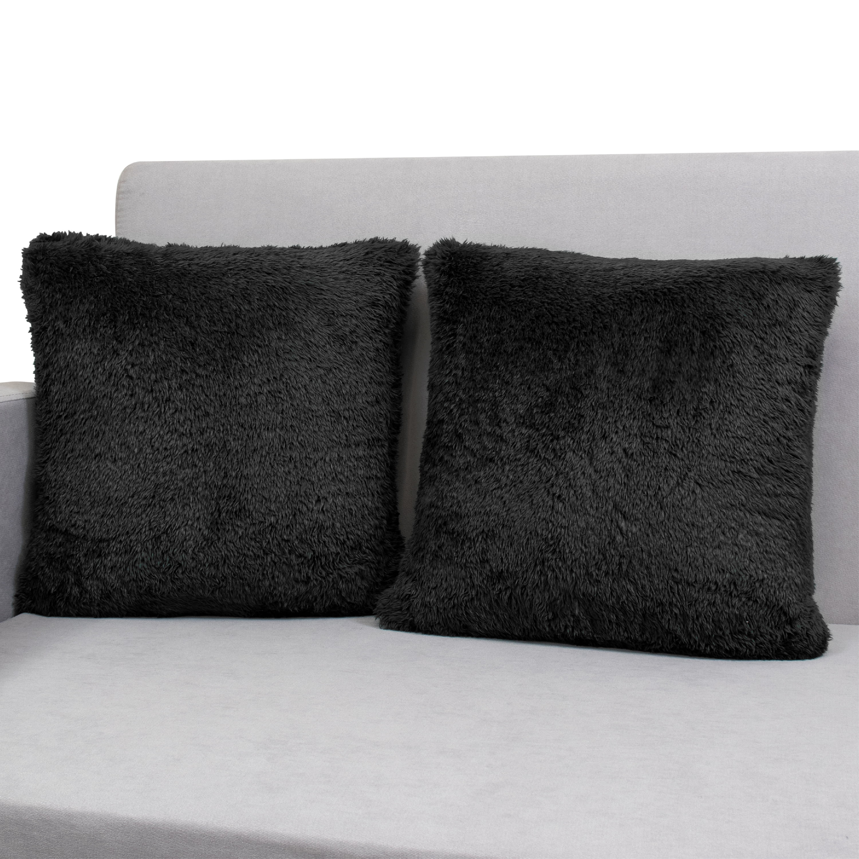 PAVILIA Decorative Sherpa Throw Pillow Covers, Set of 2, 20x20, Black Fluffy Pillow Cases For