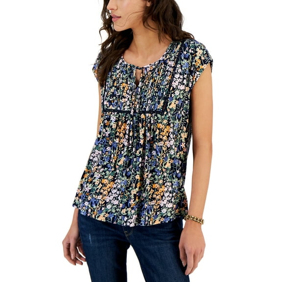 Tommy Hilfiger Women's Floral Garden print Pintuck Ladder Trim Tie Front T-Shirt - Navy - (XX-Large)