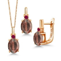 Gem Stone King 4.68 Ct Red Tiger Eye Red Created Ruby 18K Rose Gold Plated Silver Pendant and Earrings Jewelry Set