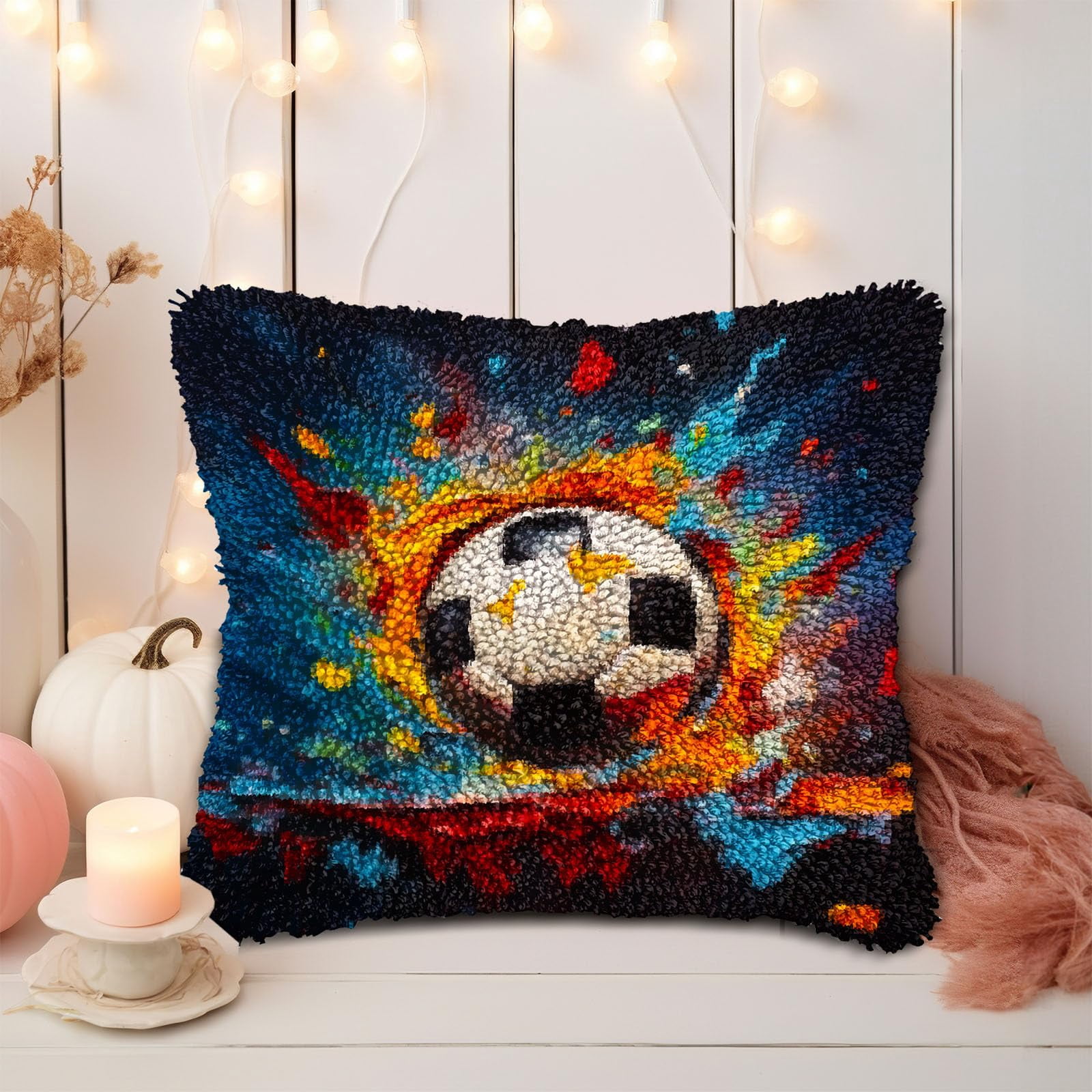 Textured Pigment Soccer Ball DIY Latch Hook Pillow Kits for Adults Printed Pillowcase Crochet Yarns Hooking Handmade Pillow Cover Cushion for Home Sofa Decoration 17x17inch