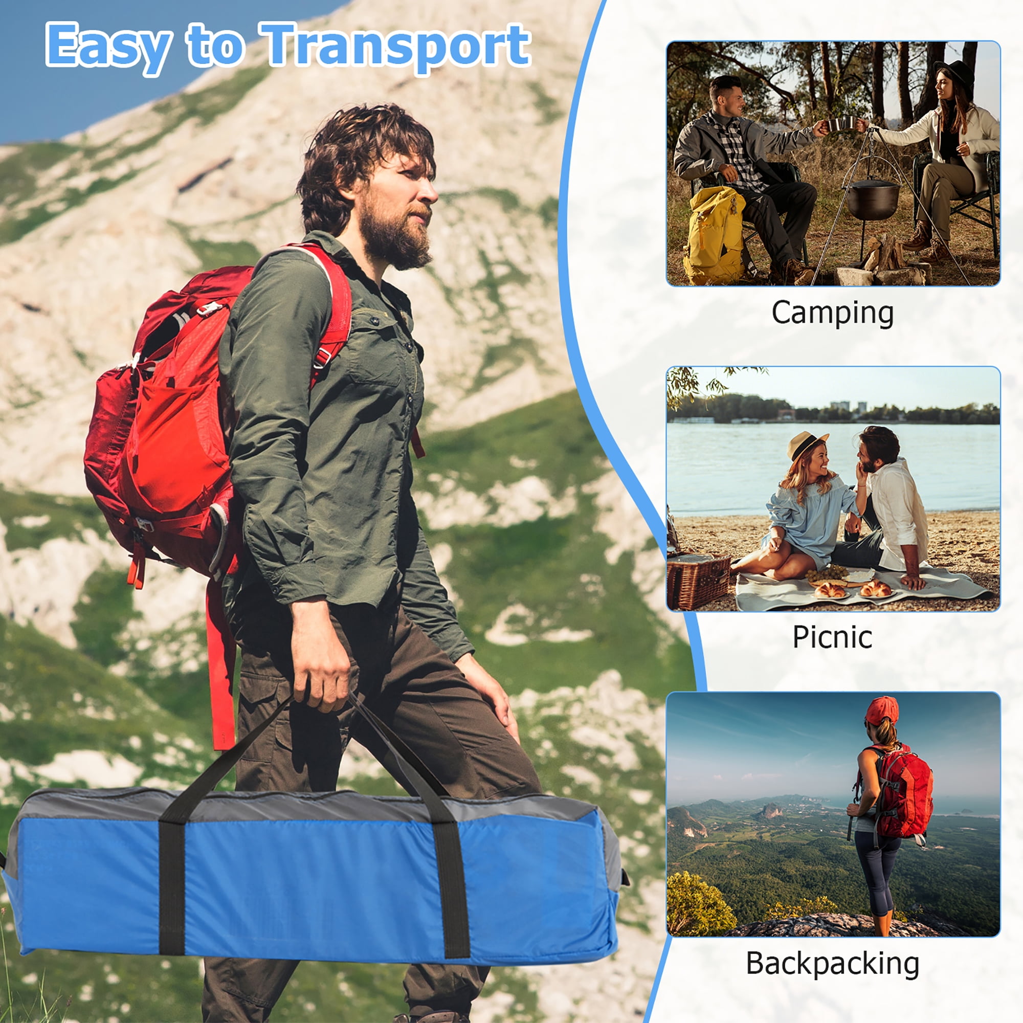 Gymax Camping Tent for 2-3 People Waterproof & Windproof Family Dome Tent w/ Rainfly Blue