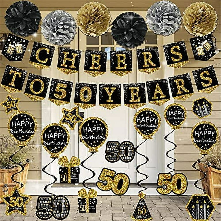Black Gold Birthday Party Decorations for Men Boys with Happy Birthday  Banner,Circle Dots Garland,Fringe Curtains,Paper Tassels Garland,Butterfly