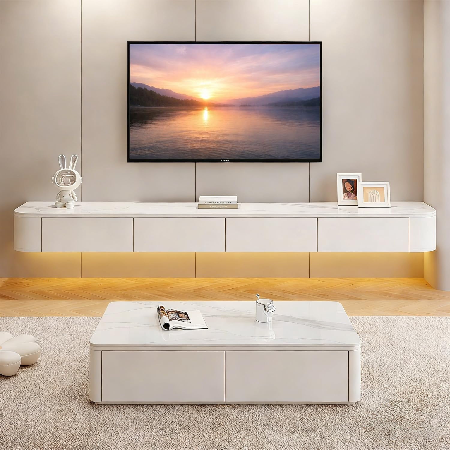 Modern Floating TV Unit with LED Lighting | Wall-Mounted Entertainment Media Console | Large Storage TV Bench for Living Room & Office (Texture + White, 70.8'')