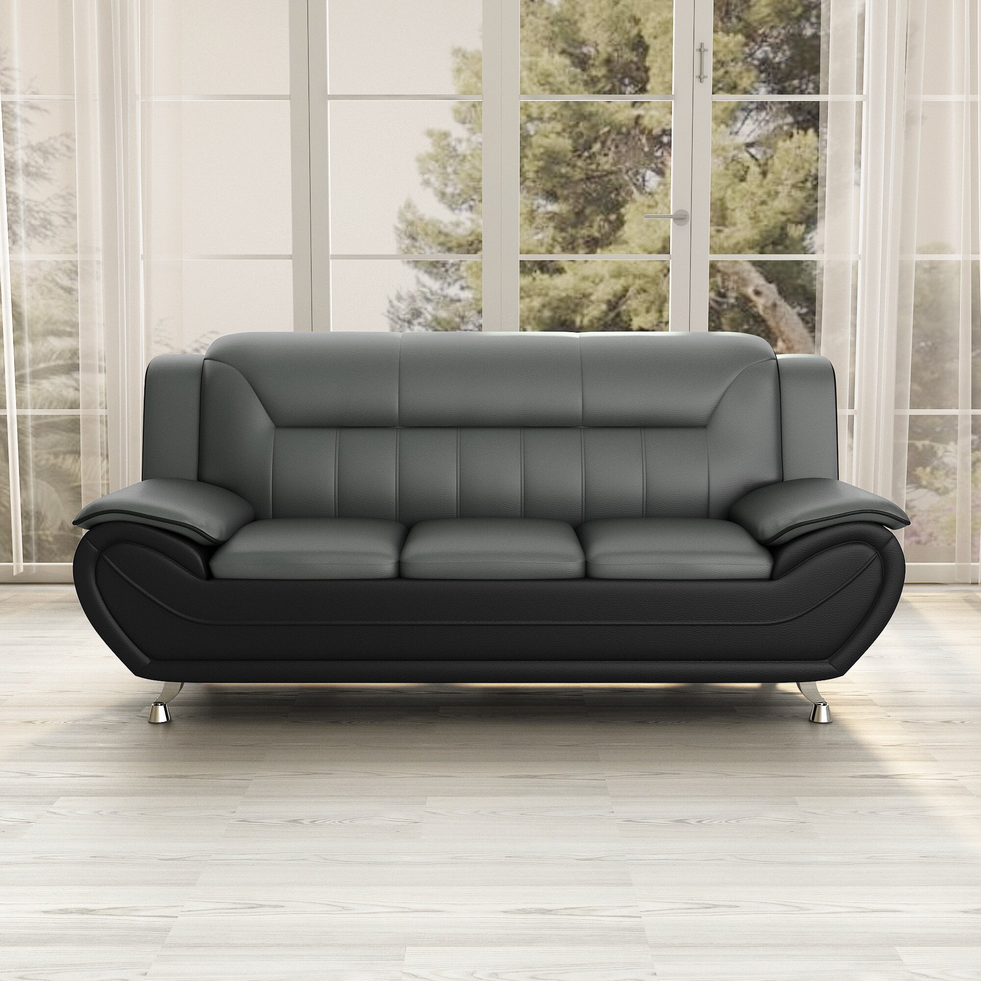 US PRIDE FURNITURE Eveland 79.2" Faux Leather Pillow Top Arm Sofa-Gray/Black