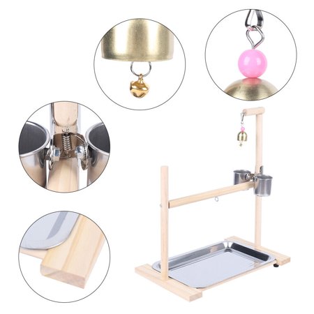 Bird Stand, Parrot Bird Perch Table Top Stand Metal Wood 2 Cups Play Training Perch Rack Set,Wood+Stainless Steel 14.17x9.06x17.72inch,Parrot Playstand Bird Playground Gym Training Stand