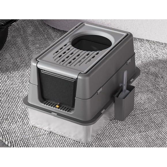 OUYAWEI Extra Large Stainless Steel Cat Litter Box Removable Flip-Top Lid Enclosed Front Top Entry Light Black