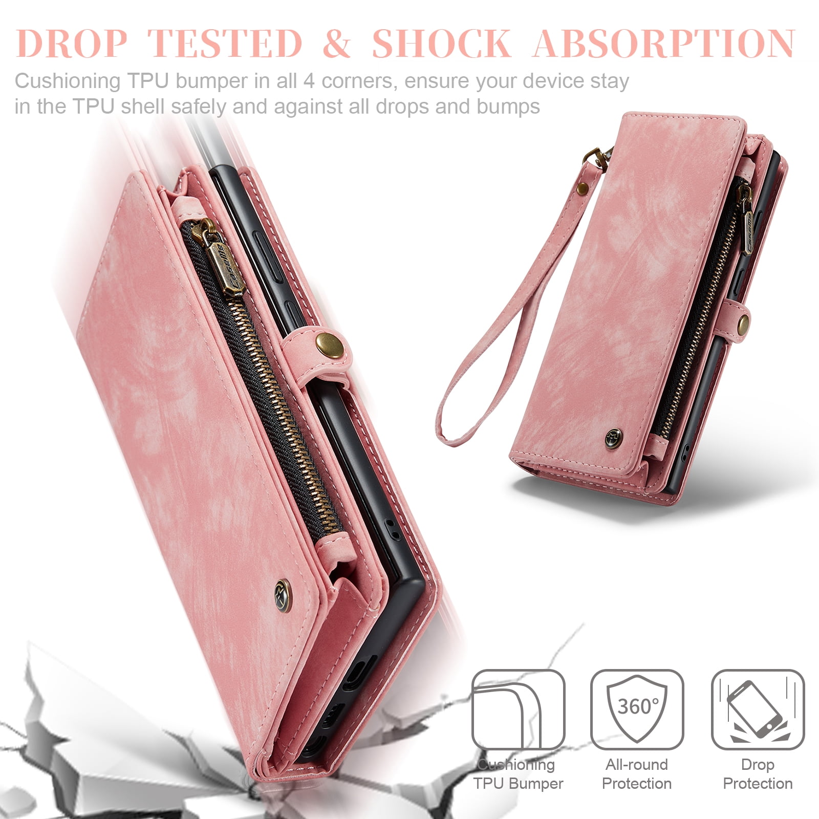 Feishell Durable 2- In-1 Magnetic Detachable Wallet Case for Samsung Galaxy S24 Ultra,for Women Men,Premium PU Leather Zipper Pocket Flip Multi Card Slots Purse Phone Case with Wrist Strap,Pink